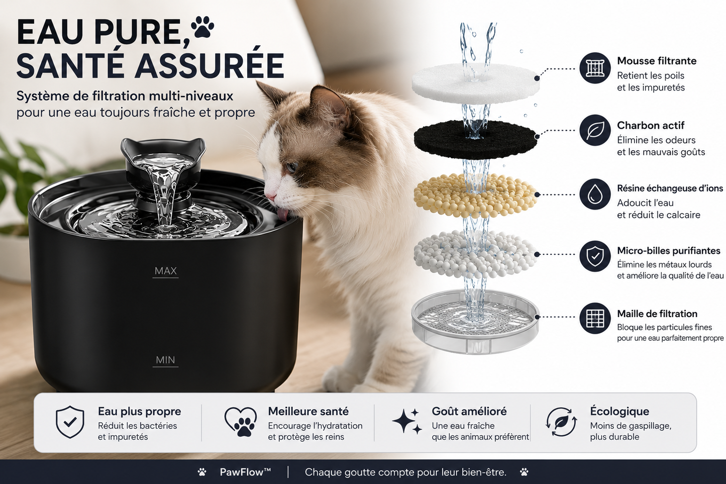 PawFlow™ – Fontaine à eau intelligente pour chats & chiens