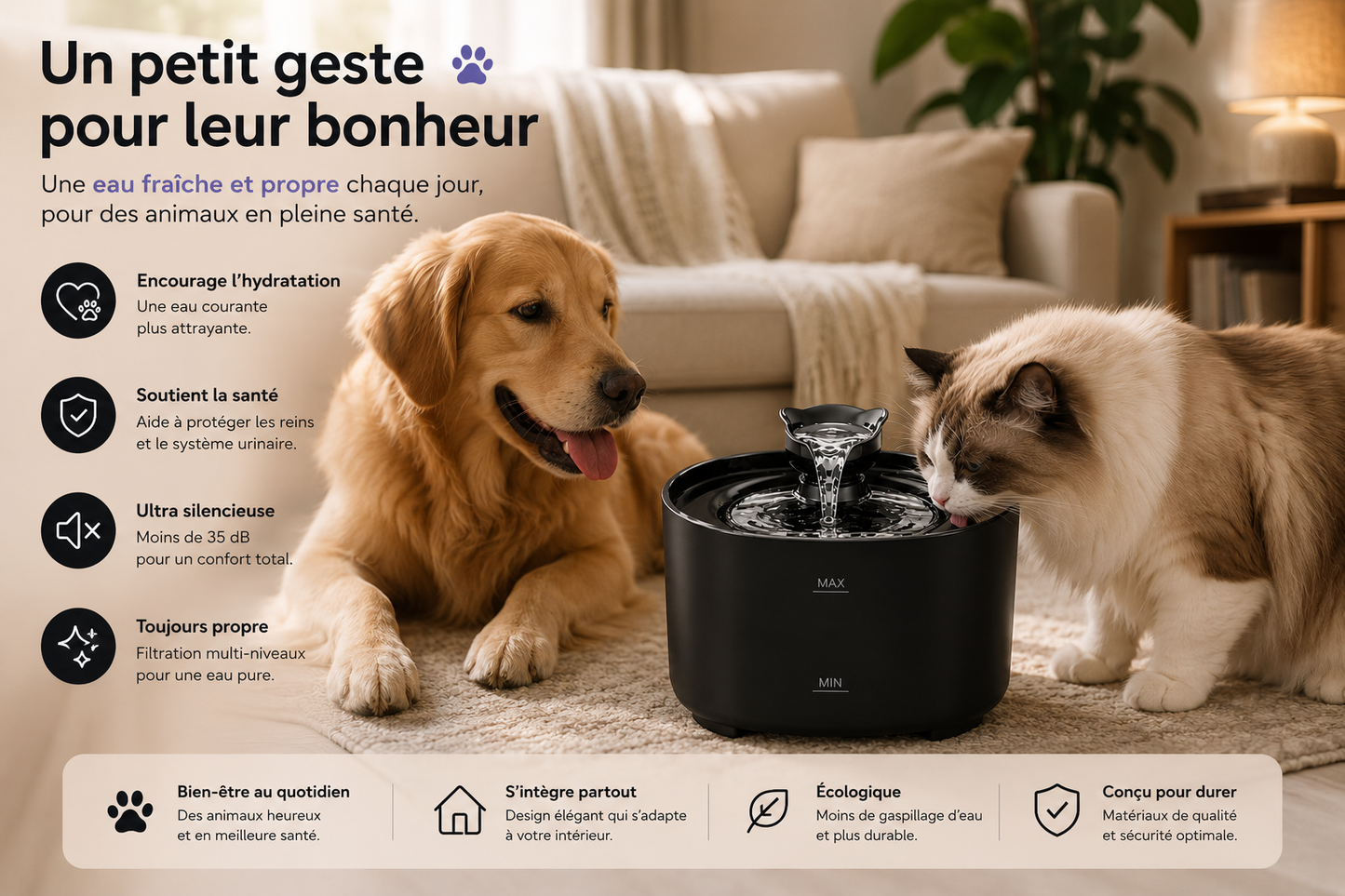 PawFlow™ – Fontaine à eau intelligente pour chats & chiens